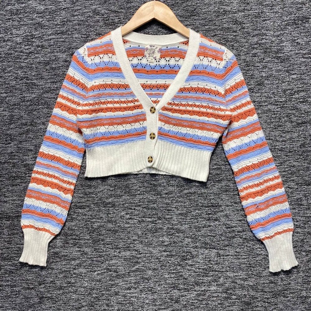 Hippie Rose Cropped Boho Cardigan Sweater Womens XS White Pointelle Knit Indie